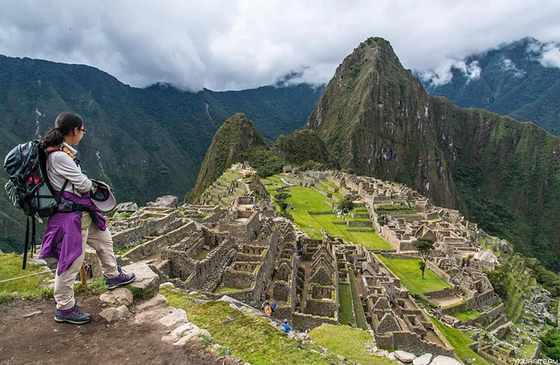 Tourist observing the Inca citadel of Machu Picchu